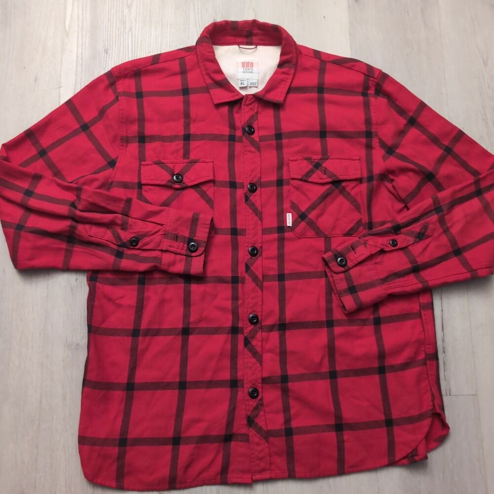Topo Designs Field Plaid Button Up Red Flannel Shirt Men's XL Long Sleeve